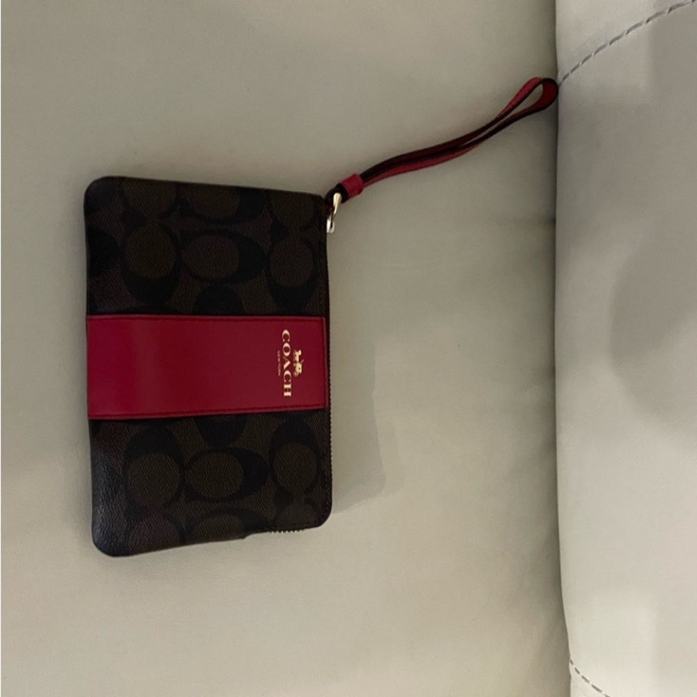 Coach Corner Zip Wristlet in Signature Canvas / Red and Black Design-Authentic